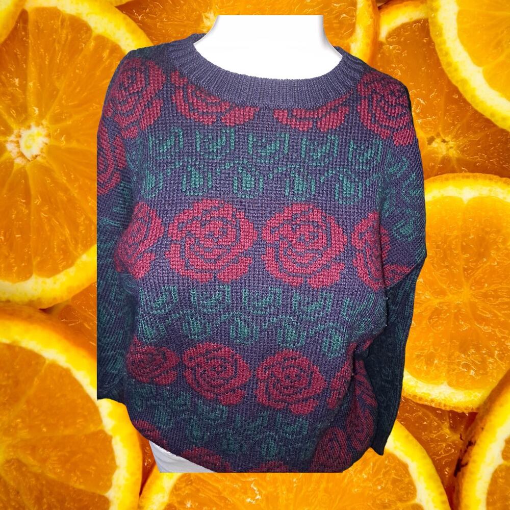 Charter Club 100% Wool Rose and Blue Crew Neck Sweater Size Large